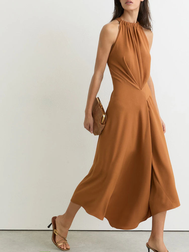 Rust Orange Maeve Drape-Detail Sleeveless Midi Dress