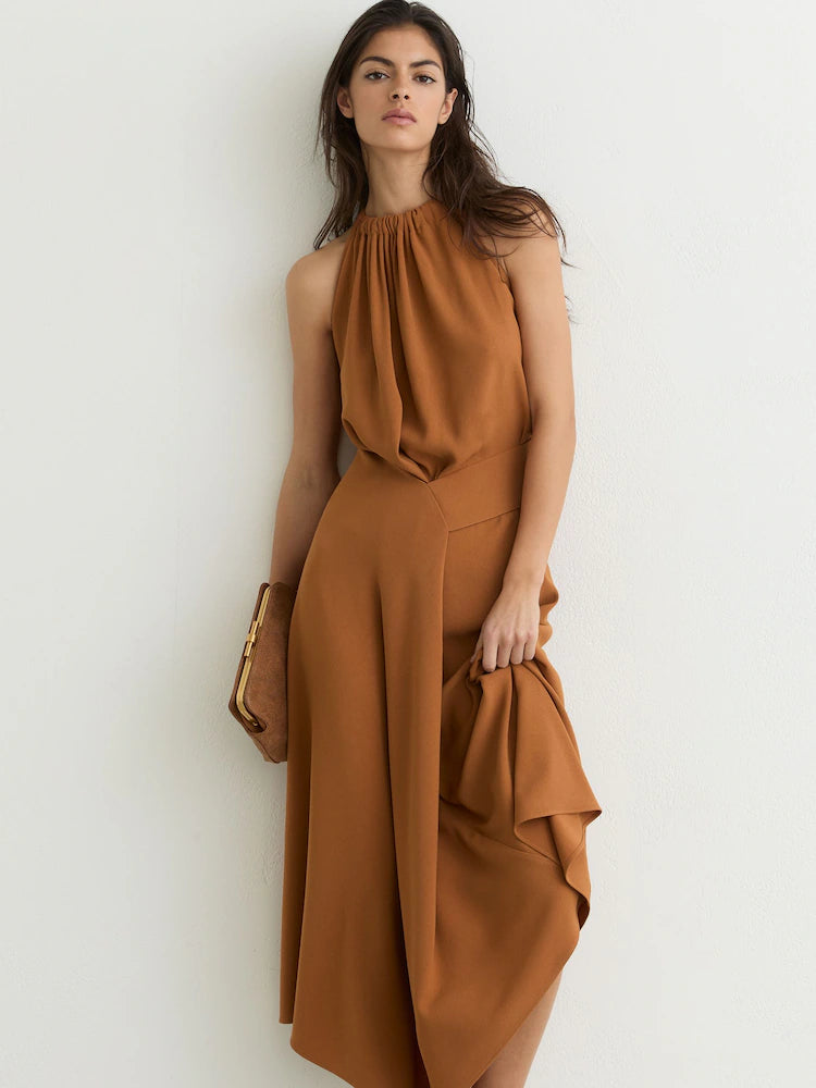 Rust Orange Maeve Drape-Detail Sleeveless Midi Dress