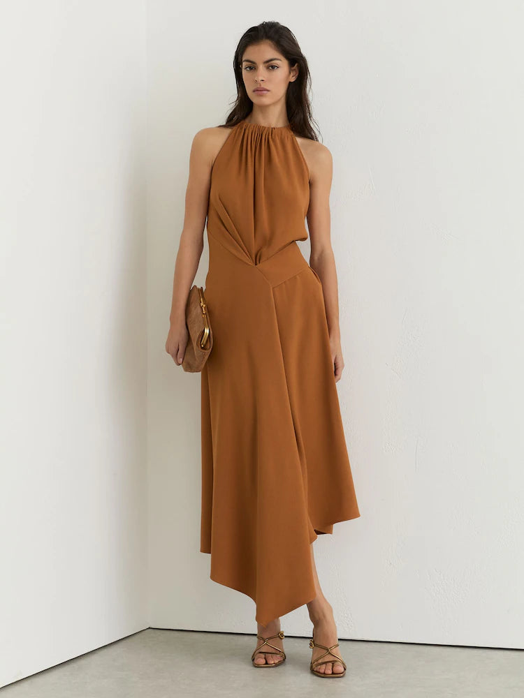 Rust Orange Maeve Drape-Detail Sleeveless Midi Dress