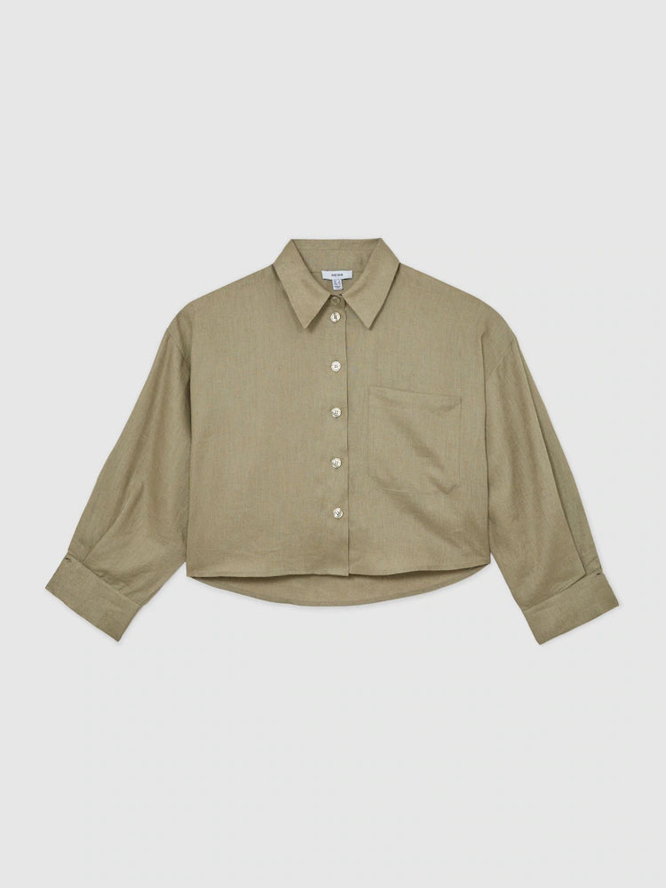 Green Solena Linen Oversize Cropped Shirt