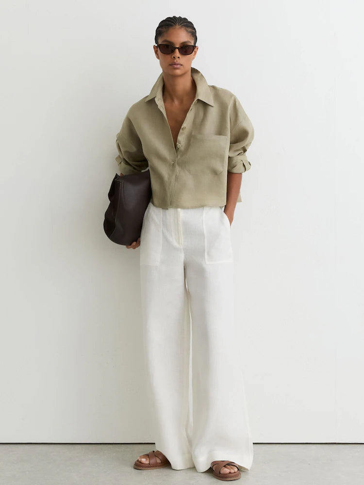 Green Solena Linen Oversize Cropped Shirt