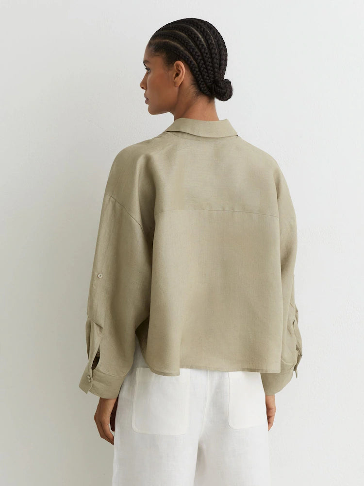 Green Solena Linen Oversize Cropped Shirt