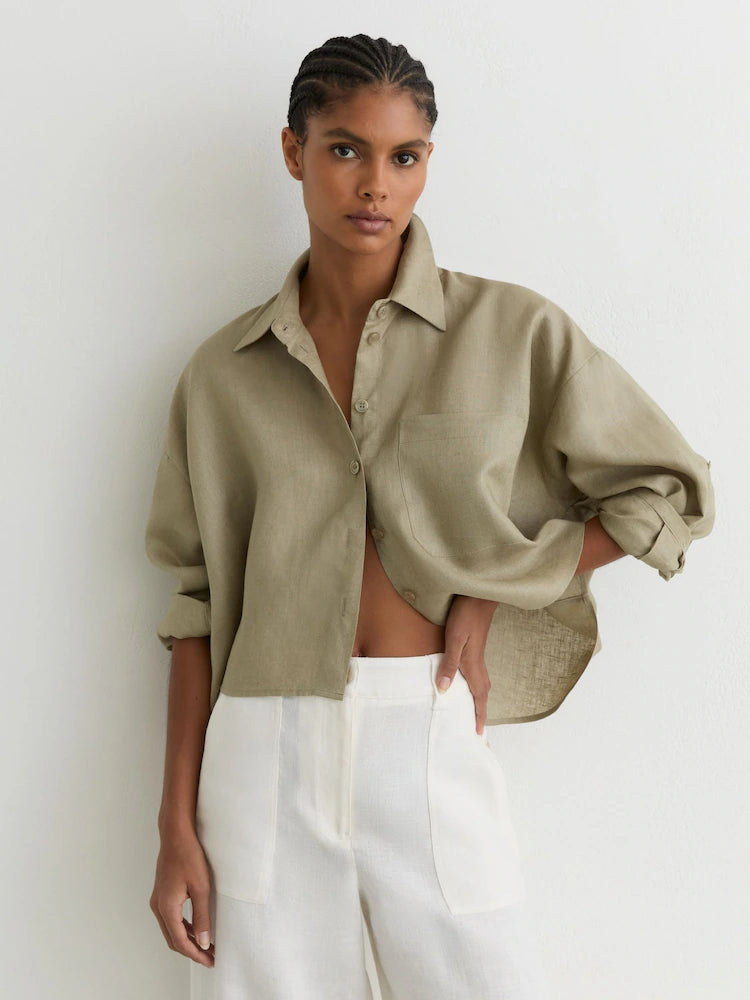 Green Solena Linen Oversize Cropped Shirt