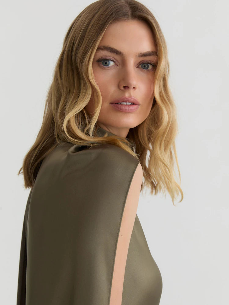 Khaki Green Fae Petite Satin Cape Maxi Dress