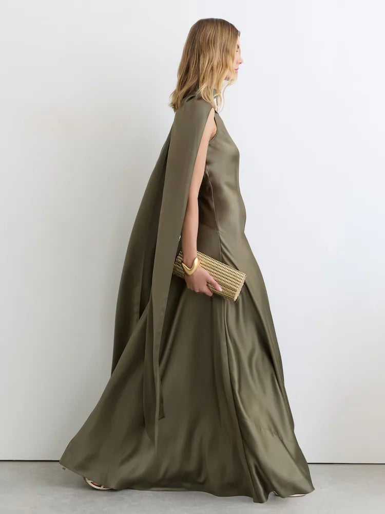 Khaki Green Fae Petite Satin Cape Maxi Dress