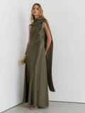 Khaki Green Fae Petite Satin Cape Maxi Dress