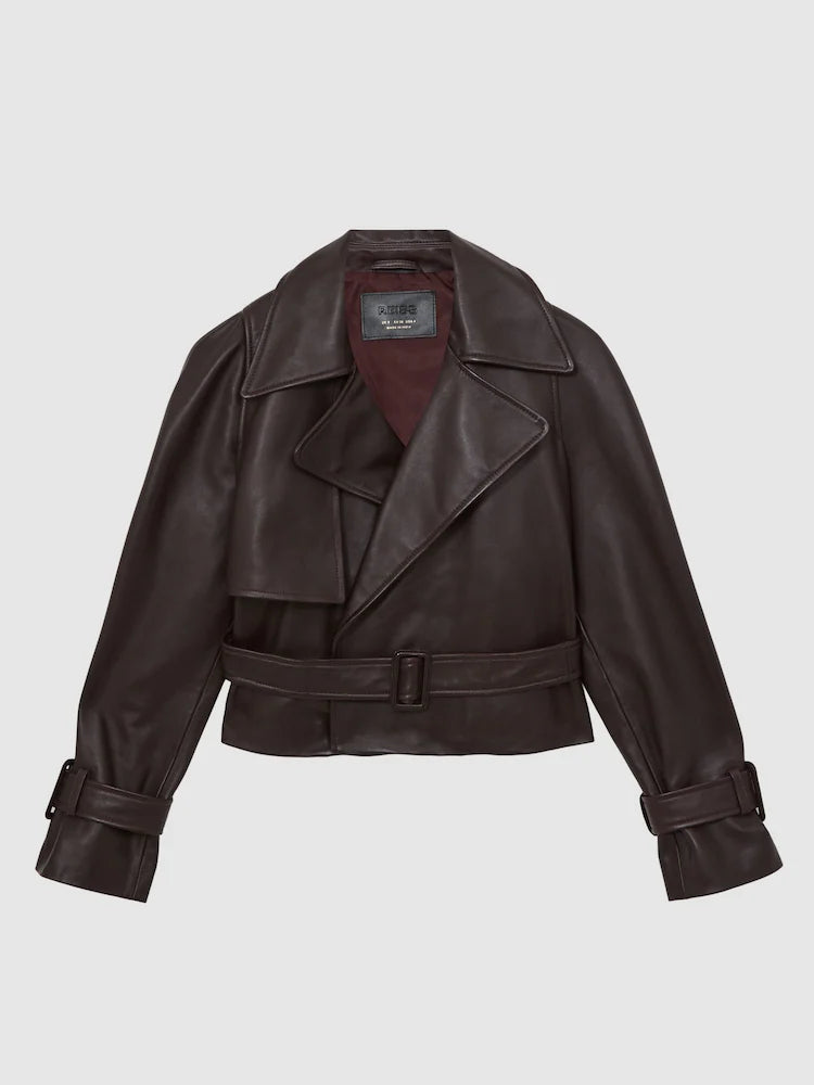 Oxblood Burgundy Bodie Petite Leather Cropped Trench Jacket