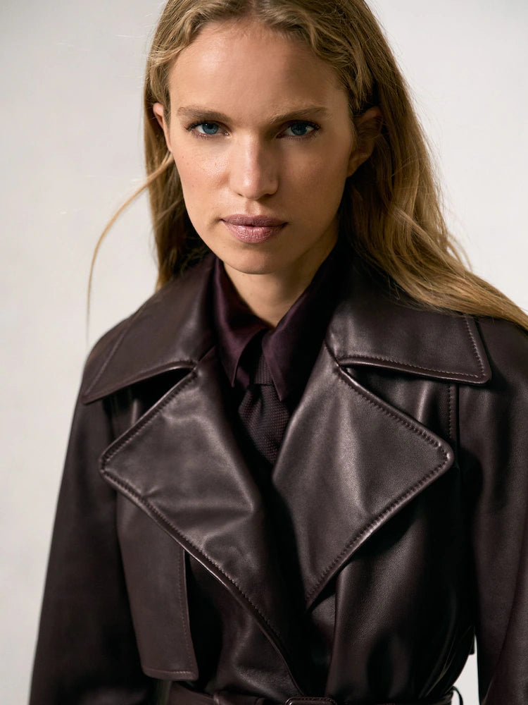 Oxblood Burgundy Bodie Petite Leather Cropped Trench Jacket