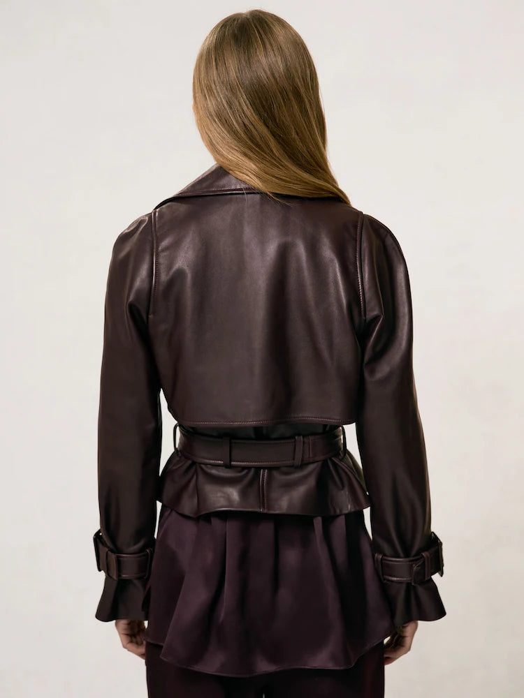 Oxblood Burgundy Bodie Petite Leather Cropped Trench Jacket
