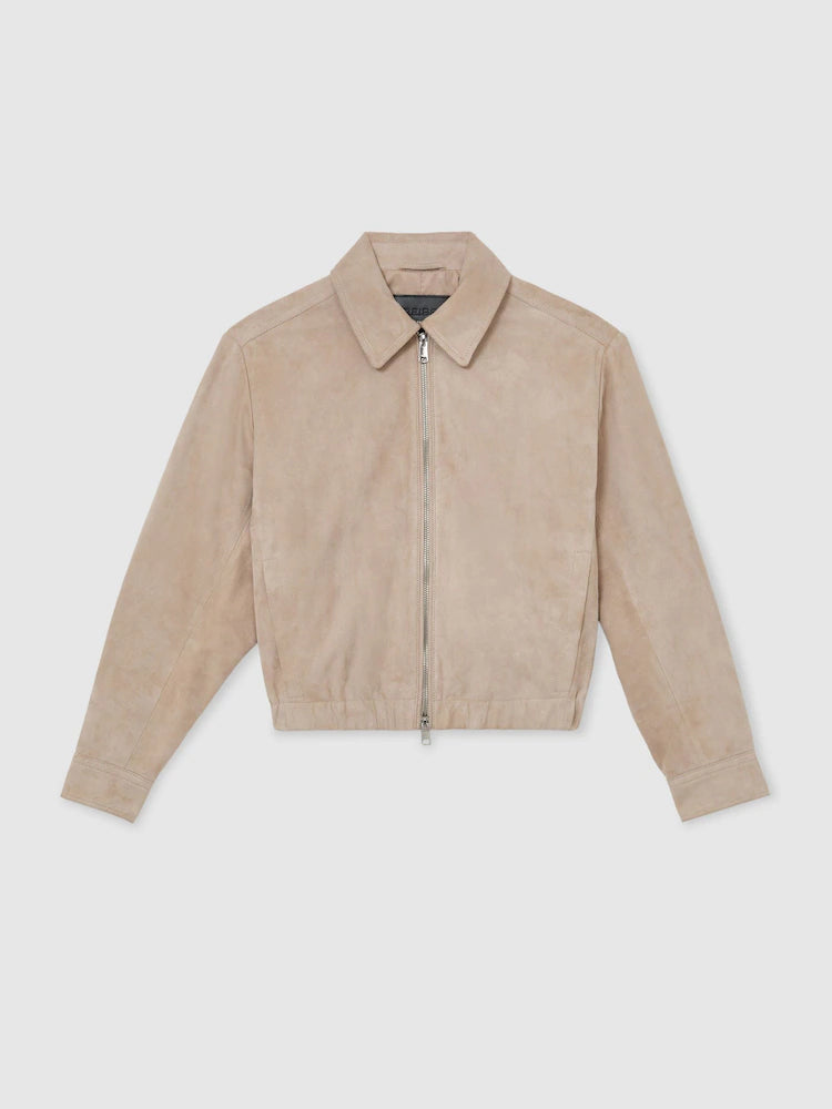 Neutral Lottie Suede Petite Suede Cropped Bomber Jacket