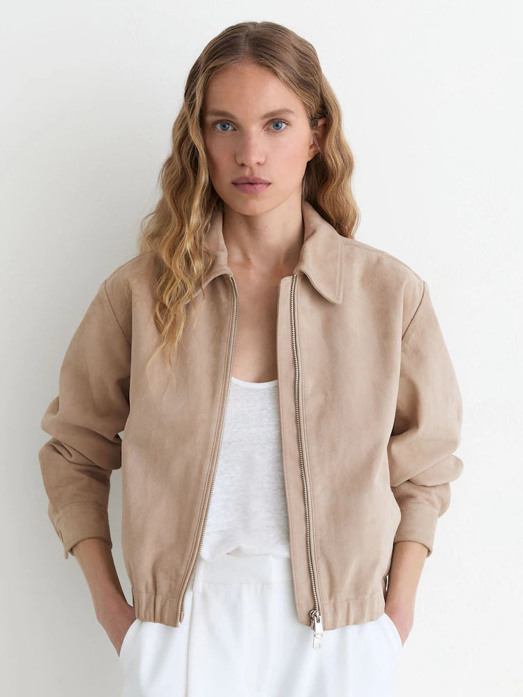Neutral Lottie Suede Petite Suede Cropped Bomber Jacket