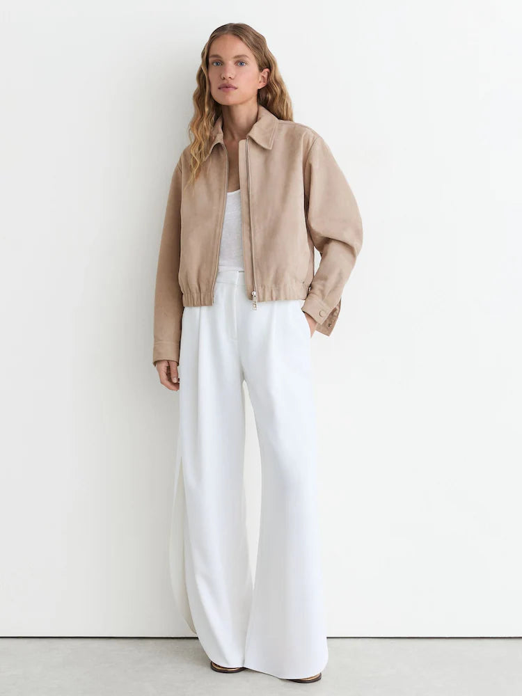 Neutral Lottie Suede Petite Suede Cropped Bomber Jacket