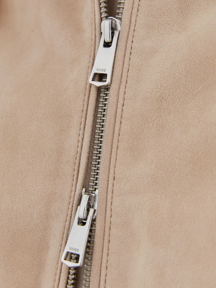 Neutral Lottie Suede Petite Suede Cropped Bomber Jacket