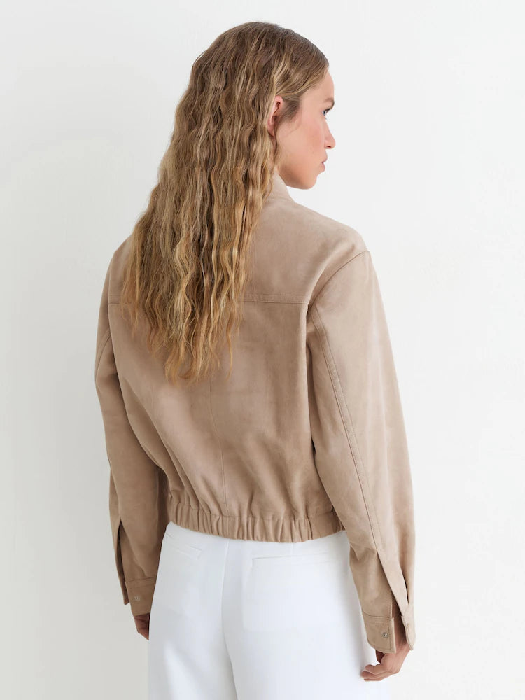 Neutral Lottie Suede Petite Suede Cropped Bomber Jacket
