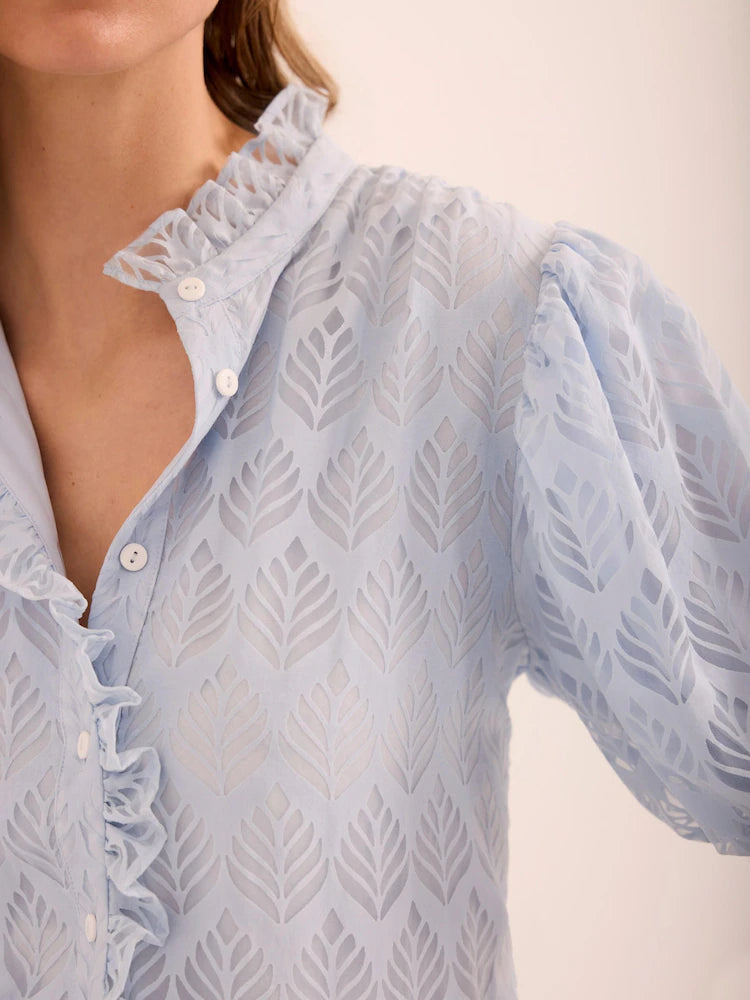 Mint Velvet Blue Jacquard Ruffle Blouse