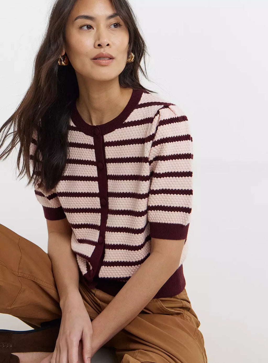 Textured Stripe Short Sleeve Cardigan